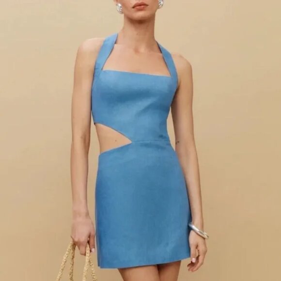 Reformation Valli Linen Halter Cut Out Mini Dress NWT Parisian Blue Size 8 - Picture 2 of 9